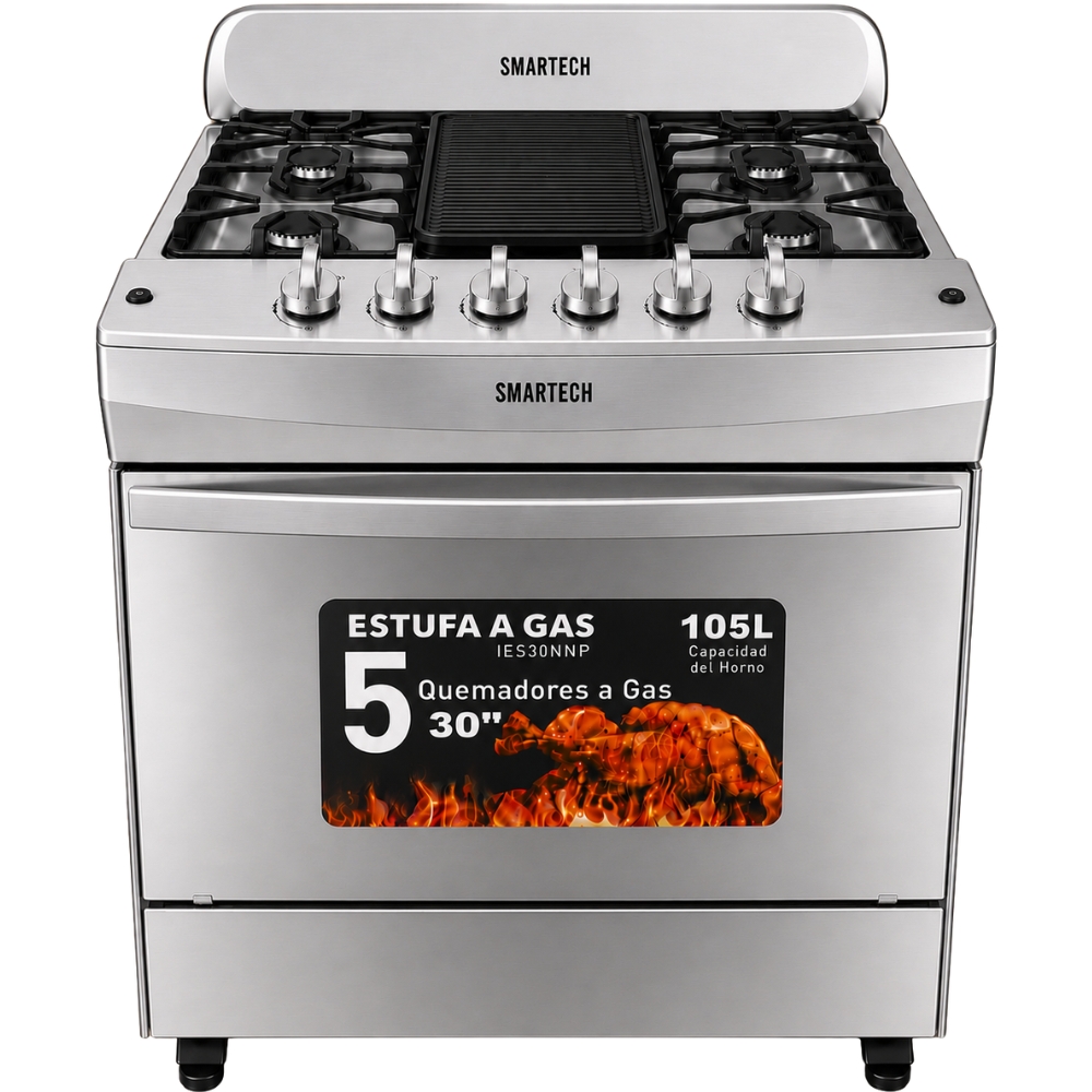 ESTUFA A GAS 30 PULGADAS ACERO INOXIDABLE COMPLETO 5 QUEMADORES CON HORNO EIS30AC