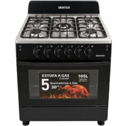 ESTUFA A GAS 30 PULGADAS NEGRA TOP ACERO INOXIDABLE 5 QUEMADORES CON HORNO SMARTECH ES30NN